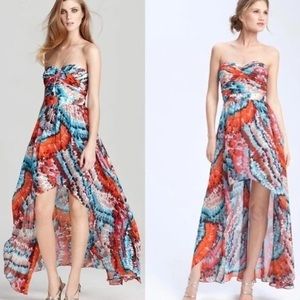 Aidan Mattox Hi Low Feather Print Strapless Chiffon Maxi Dress, size 4